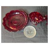 Ruby Red Pressed Glass Creamer, Sugar Bowl, Serving Dish, and Clear Glass Coaster Set