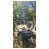 Patio Furniture Set with Glass Table, 4 Swivel Chairs, Bench Glider, Bistro Table, and Umbrella
