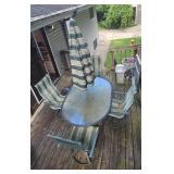 Patio Furniture Set with Glass Table, 4 Swivel Chairs, Bench Glider, Bistro Table, and Umbrella