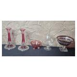 Set of Vintage Glass Pieces - Candle Holders, Compotes, and Bowl