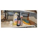 Utility Shelf Lot with Cleaning Supplies, Brushes, Sponges, and Mat - content quantities unverified