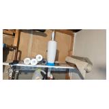 Utility Shelf Lot with Cleaning Supplies, Brushes, Sponges, and Mat - content quantities unverified