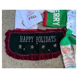 Holiday Decor Lot with Textiles, Giving Plate, Ornaments, and Arrangements