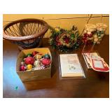 Holiday Decor Lot with Ornaments, Garland, Cards, Mitten Tags and Wood Wire Bowl