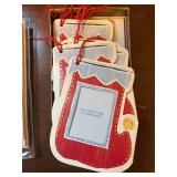 Holiday Decor Lot with Ornaments, Garland, Cards, Mitten Tags and Wood Wire Bowl