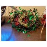 Holiday Decor Lot with Ornaments, Garland, Cards, Mitten Tags and Wood Wire Bowl