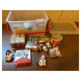 Large Lot of Christmas Ornaments, Garland, Lights and Storage Bin