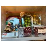 Large Lot of Christmas Ornaments, Garland, Lights and Storage Bin