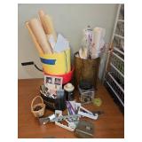 Office Supply and Stationery Lot with Rolled Paper, Organizers, and Desk Accessories