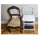 Pair of Chairs: Vintage Wood Floral Upholstered Chair and White Metal Step Stool Chair