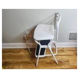 Pair of Chairs: Vintage Wood Floral Upholstered Chair and White Metal Step Stool Chair