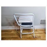 Pair of Chairs: Vintage Wood Floral Upholstered Chair and White Metal Step Stool Chair