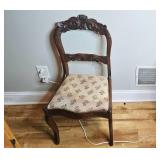 Pair of Chairs: Vintage Wood Floral Upholstered Chair and White Metal Step Stool Chair