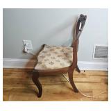 Pair of Chairs: Vintage Wood Floral Upholstered Chair and White Metal Step Stool Chair