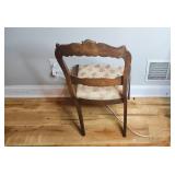 Pair of Chairs: Vintage Wood Floral Upholstered Chair and White Metal Step Stool Chair