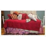 White Metal Daybed Frame with Mattress, Bedding, and Assorted Pillows