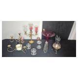 Collection of Vintage Candle Holders, Glass Vase, and Silverplate Tableware