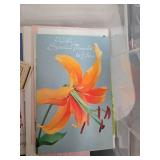 Collection of Assorted Greeting Cards in Plastic Storage Bin