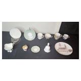Vintage Assorted Decorative Porcelain Cups, Saucers, Bell, and Commemorative Plate Collection