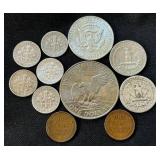 90% Silver Coins & More - 1946 Quarter, 1964 Quarter, 1964 Kennedy Half Dollar, Roosevelt Dimes, 1971-D Eisenhower Dollar, 1917 Wheat Penny, and 1953 Wheat Penny 90% Silver Coins & More - 1946 Quarter, 1964 Quarter, 1964 Kennedy Half Dollar, Roosevelt Dimes, 1971-D Eisenhower Dollar, 1917 Wheat Penny, and 1953 Wheat Penny