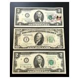 1934-D $10 Federal Reserve Note (Minneapolis) & Two 1976 $2 Federal Reserve Notes (Minneapolis) 1934-D $10 Federal Reserve Note (Minneapolis) & Two 1976 $2 Federal Reserve Notes (Minneapolis)