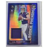 J.J. McCarthy Rookie 2024 Panini Donruss Optic Blue Hyper Relic #RPB-JMY - Minnesota Vikings Football Card J.J. McCarthy Rookie 2024 Panini Donruss Optic Blue Hyper Relic #RPB-JMY - Minnesota Vikings Football Card