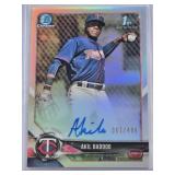 Akil Baddoo Rookie 2018 Bowman Chrome Refractor On Card Auto #BCPA-AB and Numbered 367/499 - Minnesota Twins Baseball Card Akil Baddoo Rookie 2018 Bowman Chrome Refractor On Card Auto #BCPA-AB and Numbered 367/499 - Minnesota Twins Baseball Card