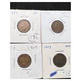 4 US INDIAN HEAD CENTS 1889 1906 1907 1908