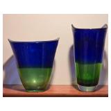 Contemporary Studio Art Glass Vase Pair - Blue / Green