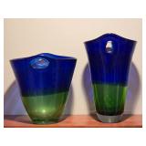 Contemporary Studio Art Glass Vase Pair - Blue / Green