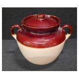 Vintage McCoy two-tone brown and beige stoneware bean pot with a lid