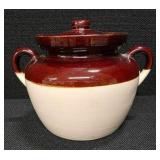 Vintage McCoy two-tone brown and beige stoneware bean pot with a lid