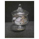 Gold and etched pedestal candy dish