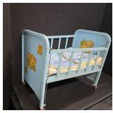 Vintage AMSCO light-blue Doll-e-Crib w/ mattress and blanket