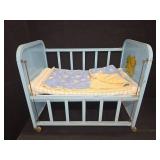 Vintage AMSCO light-blue Doll-e-Crib w/ mattress and blanket