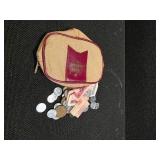 Money bag made in Hong Kong, with a collection of (mostly) foreign coins and bills