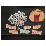 Money bag made in Hong Kong, with a collection of (mostly) foreign coins and bills