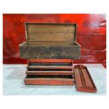 Wooden Toolbox with Compartments and Red Metal Toolbox Wooden Toolbox with Compartments and Red Metal Toolbox