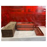 Wooden Toolbox with Compartments and Red Metal Toolbox Wooden Toolbox with Compartments and Red Metal Toolbox