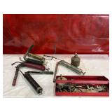 Grease Guns, Oil Can, and Assorted Hand Tools in Metal Toolbox Grease Guns, Oil Can, and Assorted Hand Tools in Metal Toolbox