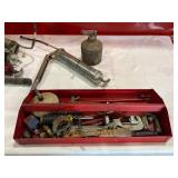 Grease Guns, Oil Can, and Assorted Hand Tools in Metal Toolbox Grease Guns, Oil Can, and Assorted Hand Tools in Metal Toolbox