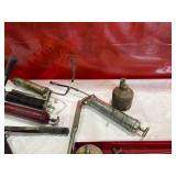 Grease Guns, Oil Can, and Assorted Hand Tools in Metal Toolbox Grease Guns, Oil Can, and Assorted Hand Tools in Metal Toolbox