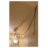 Vintage Hanging Light Fixture with Blue Glass Shade and Ornate Metal Frame