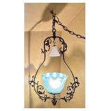 Vintage Hanging Light Fixture with Blue Glass Shade and Ornate Metal Frame