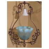 Vintage Hanging Light Fixture with Blue Glass Shade and Ornate Metal Frame