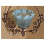 Vintage Hanging Light Fixture with Blue Glass Shade and Ornate Metal Frame