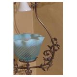 Vintage Hanging Light Fixture with Blue Glass Shade and Ornate Metal Frame