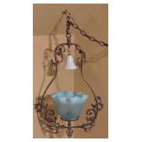 Vintage Hanging Light Fixture with Blue Glass Shade and Ornate Metal Frame