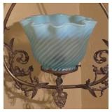 Vintage Hanging Light Fixture with Blue Glass Shade and Ornate Metal Frame