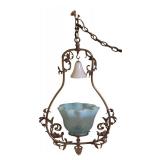Vintage Hanging Light Fixture with Blue Glass Shade and Ornate Metal Frame